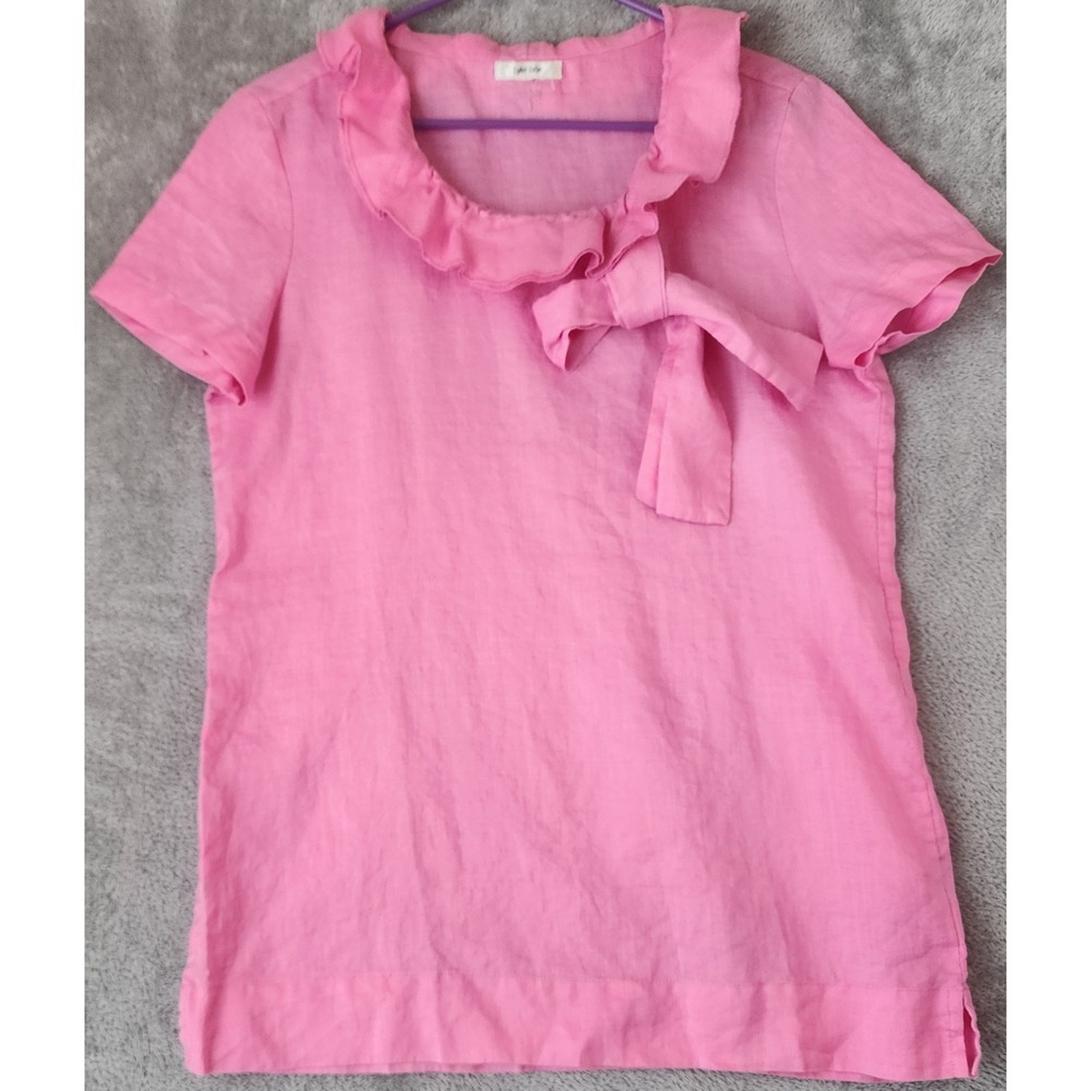 Tyler Boe Shirt Womens Large Pink 100% Linen Ruffle Bow Neck Short Sleeve Top